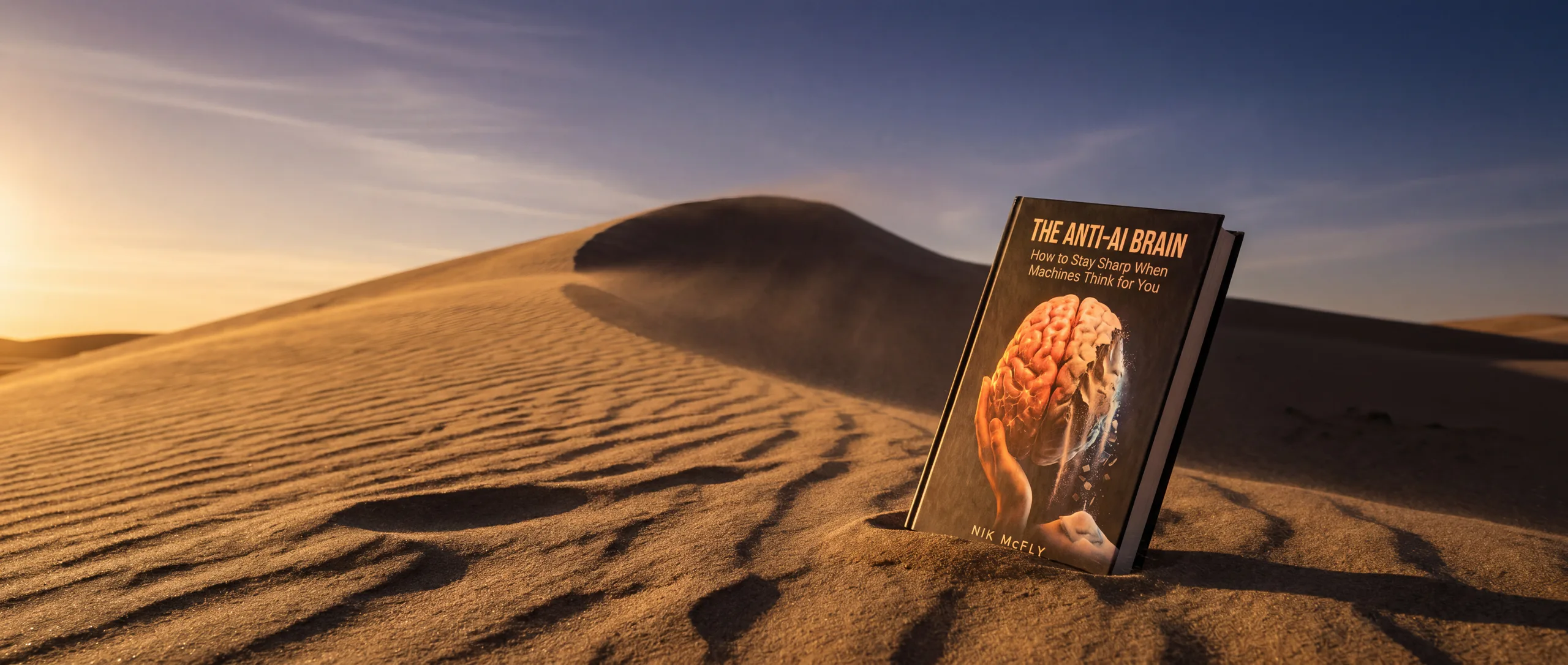 The Anti-AI Brain book cover standing in sunlit desert dunes